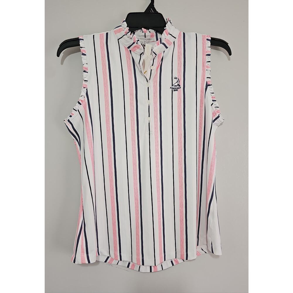 NWT Fairway & Greene Pinehurst Sleeveless Polo Womens Large Striped Ruffle Golf